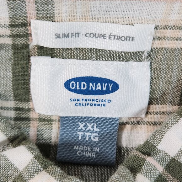 Old Navy Men's XXL Button Up Slim Fit Plaid Linen Cotton Green White Pocket VG - Picture 9 of 11